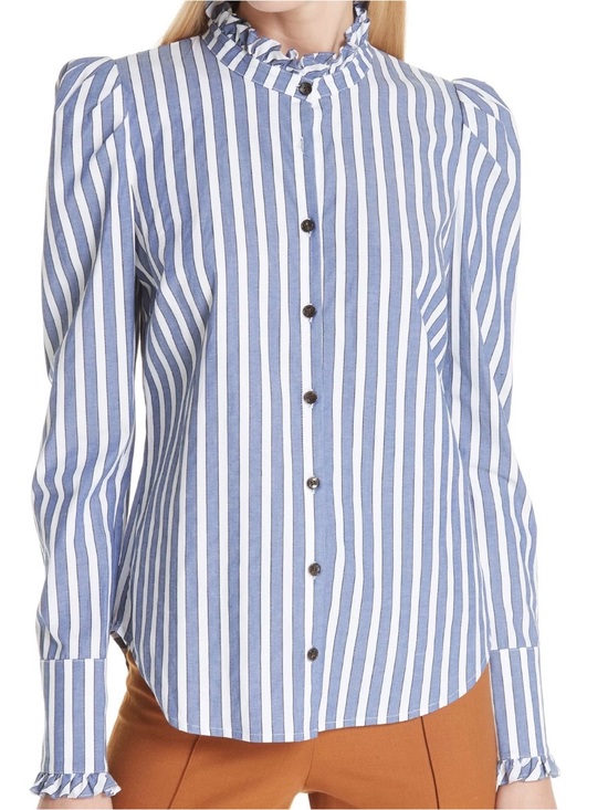 Veronica Beard Tops - Veronica Beard Holli Blue and White Striped Ruffle Collar Button-Down Shirt
